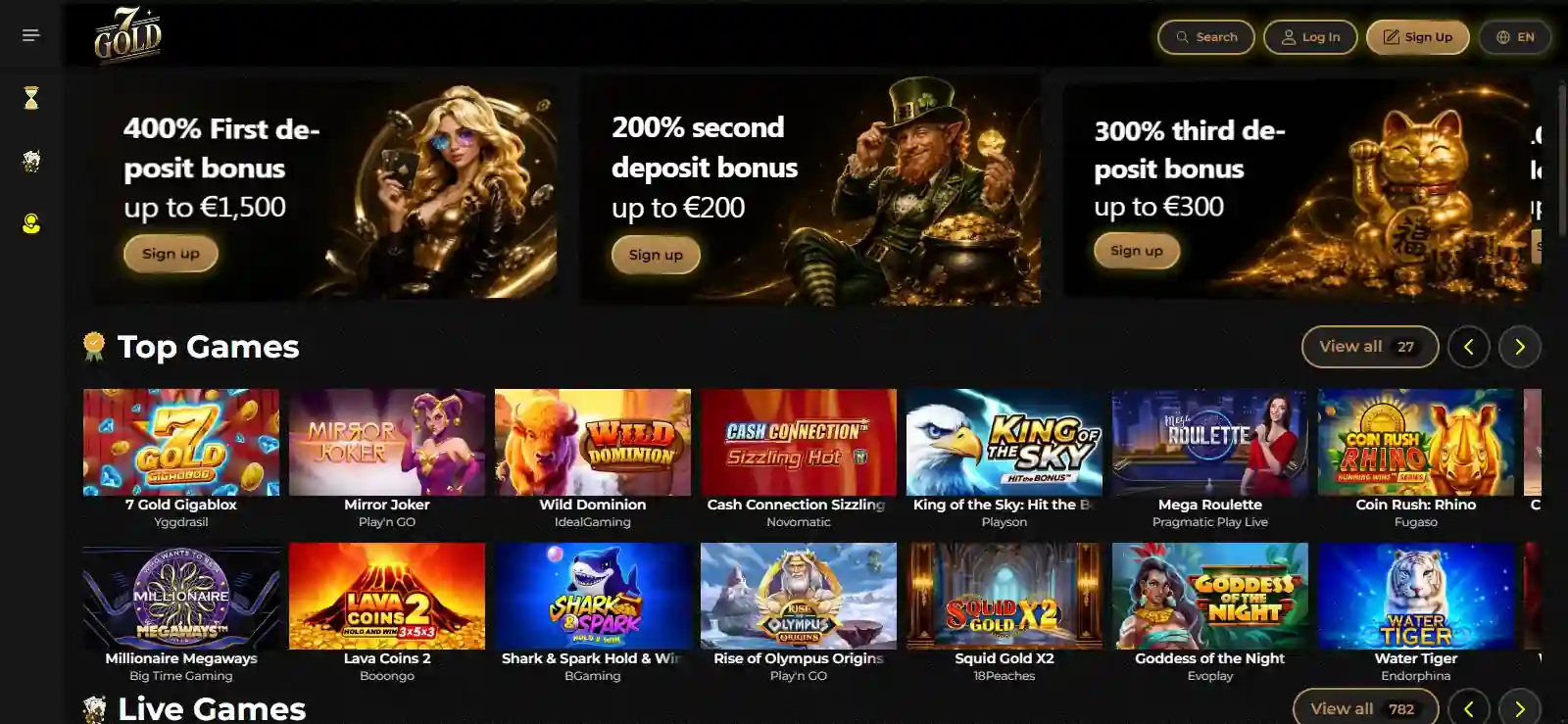 Real 7Gold Casino homepage and official wordmark