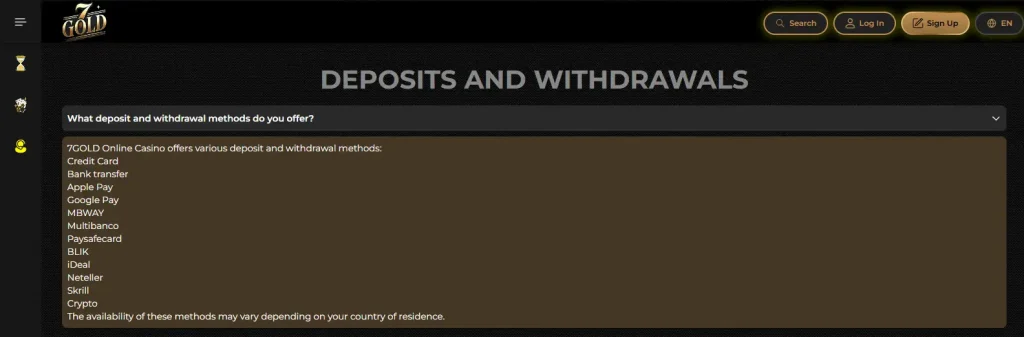 7Gold cashier or payments interface showing currency/methods available to the captured account