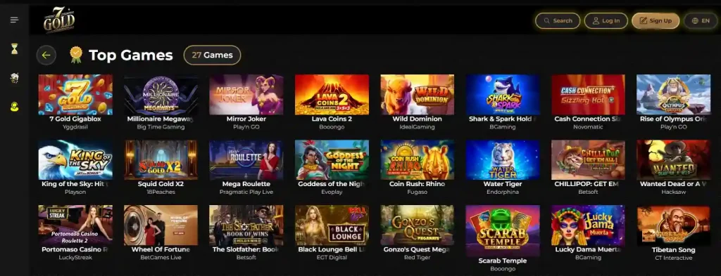 7Gold game lobby with visible categories/provider filtering