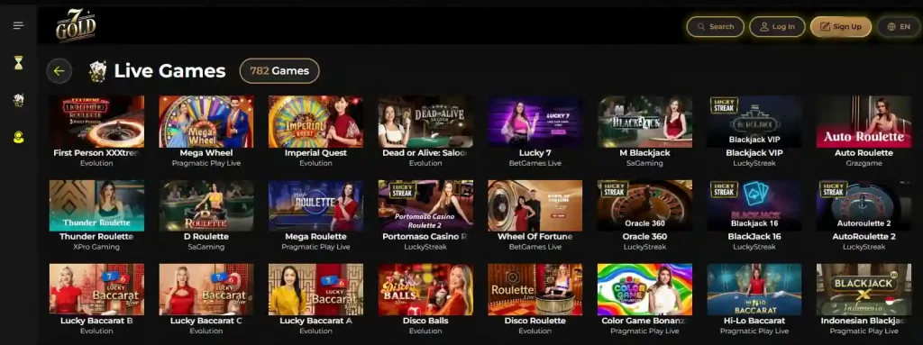 7Gold live-casino lobby showing current live dealer categories