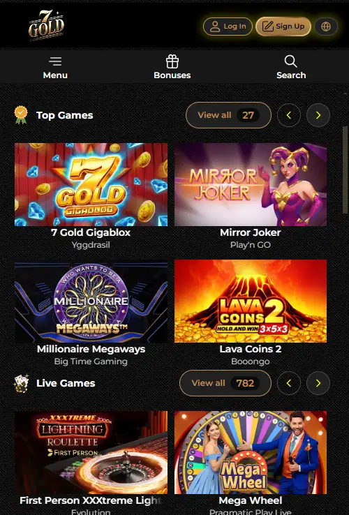 7Gold official website at a mobile viewport showing responsive navigation/lobby