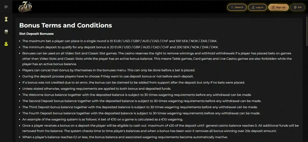 7Gold official welcome-bonus terms or bonus detail screen