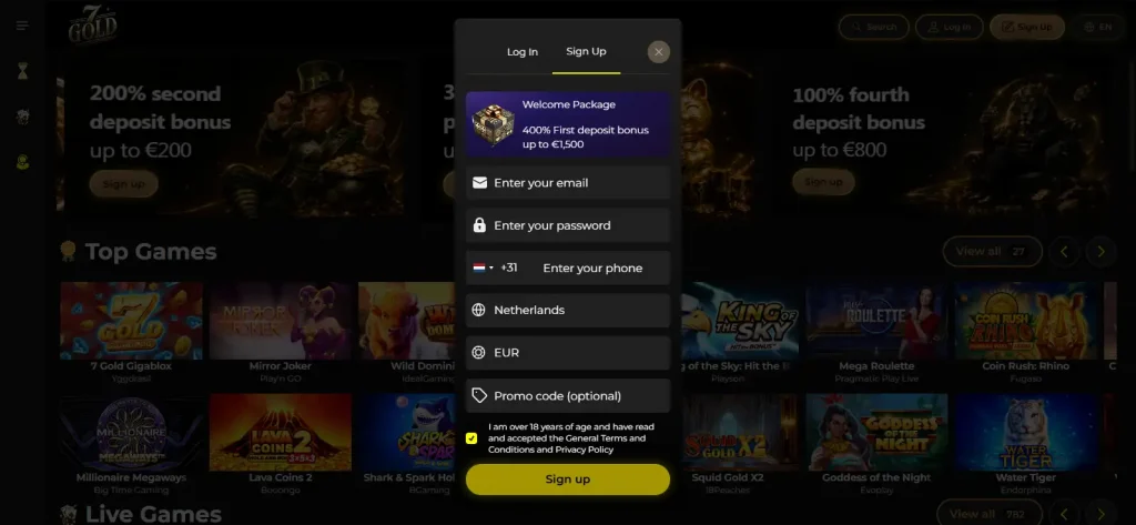 7Gold registration/login interface with current fields visible