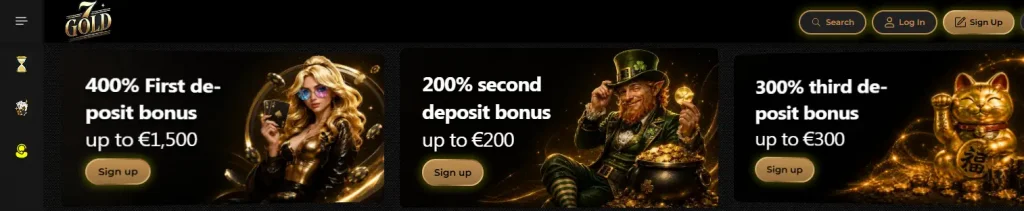 Current 7Gold bonus or promotions page showing offer structure and visible terms